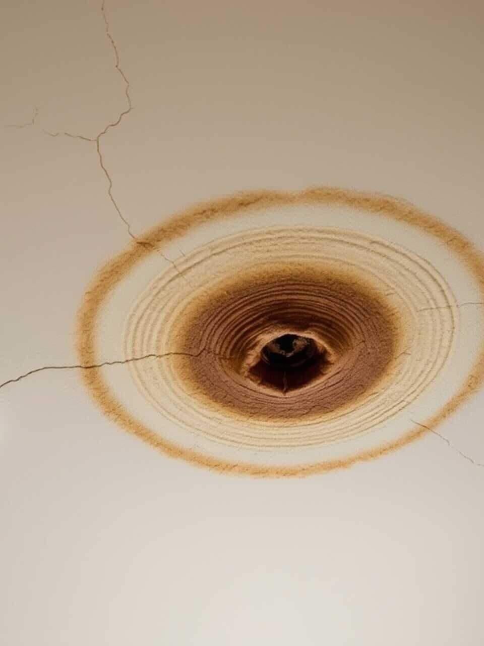 Water-stained, sagging ceiling from a leak