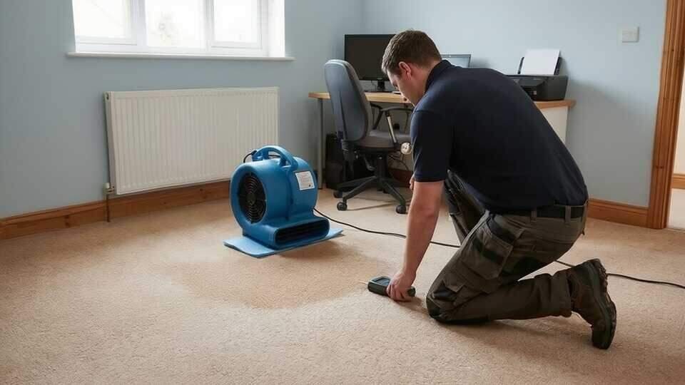 Air movers and a dehumidifier drying a water-damaged room