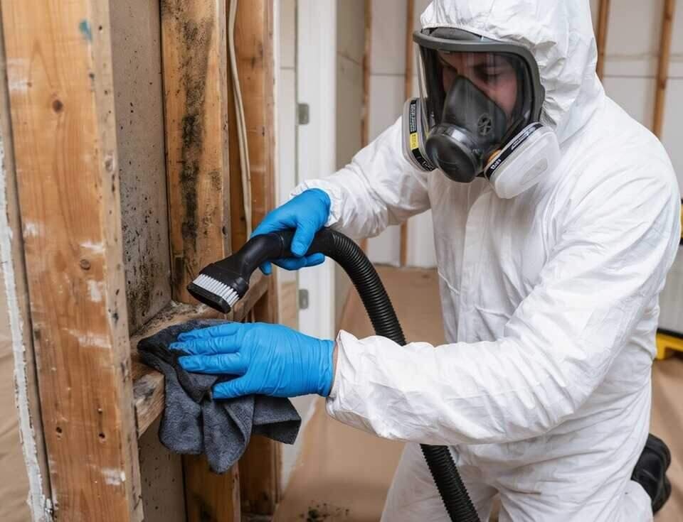 A technician in full PPE inspecting mold growth on a wall