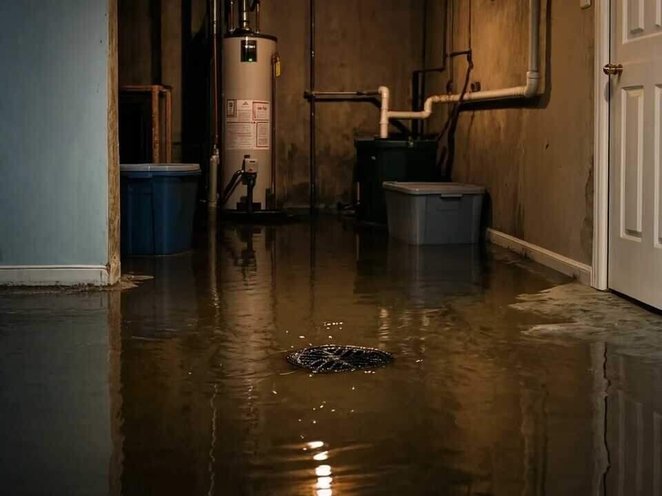 Contaminated water flooding a lower level after a sewage backup