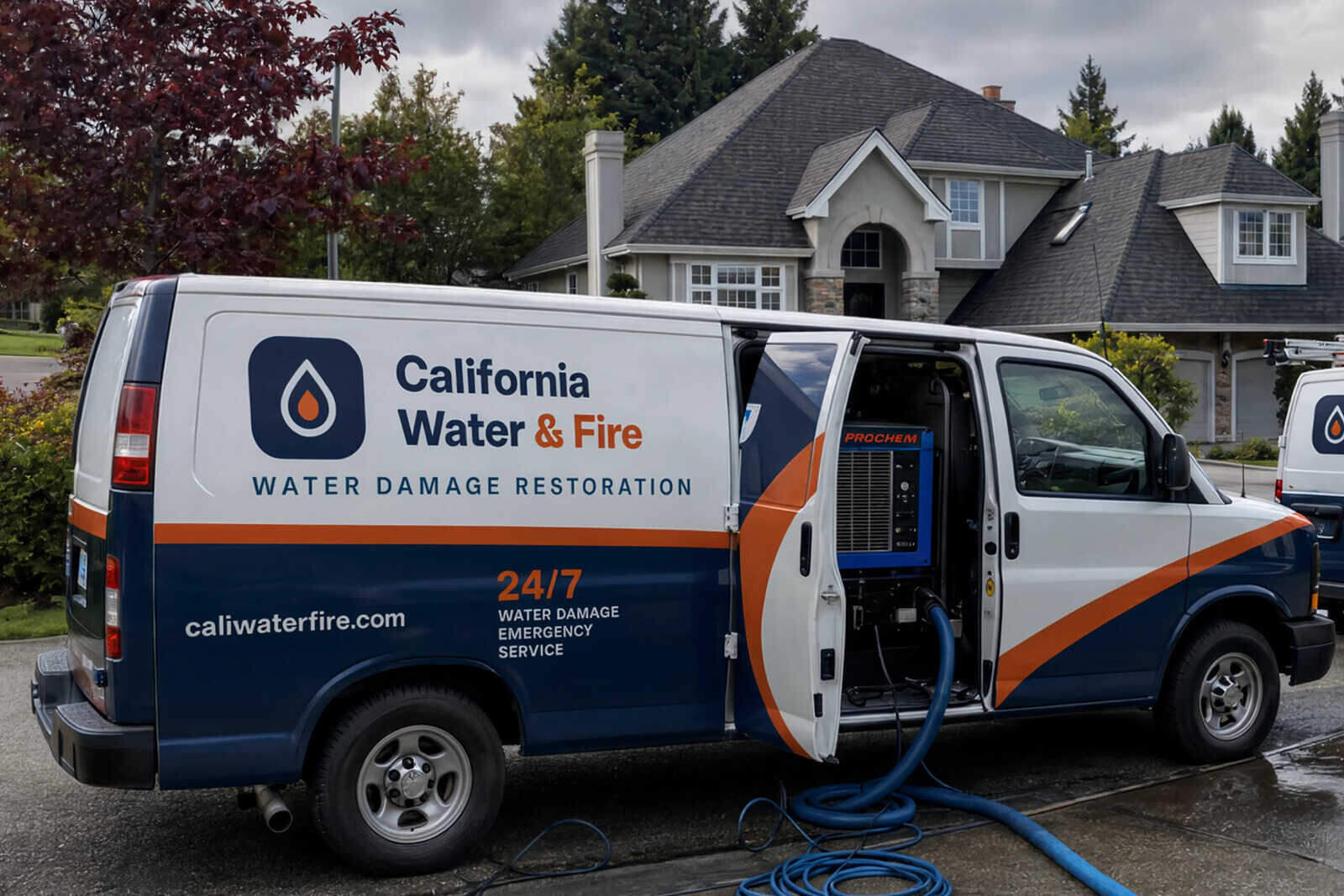 A California Water and Fire crew extracting water from a flooded San Francisco home with truck-mounted equipment