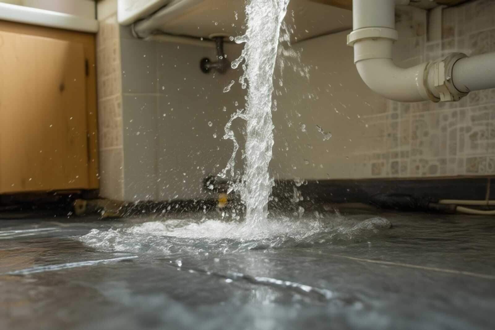 Water escaping from a burst supply pipe behind the wall of a San Francisco home