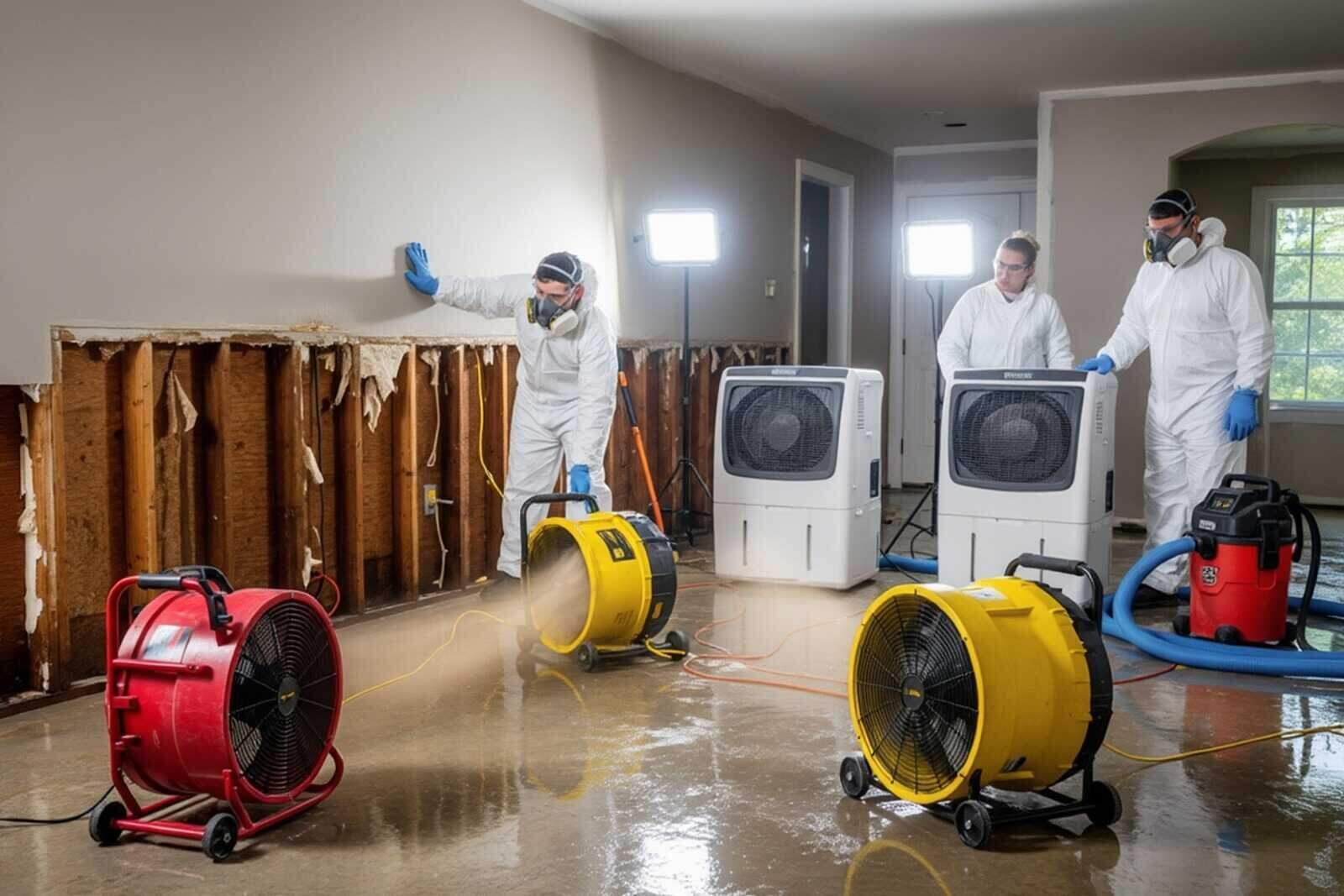 A California Water and Fire emergency crew working a flooded San Francisco living room with extraction and drying gear
