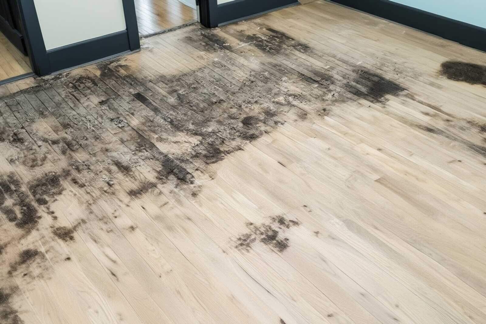A California Water and Fire technician drying a water-damaged hardwood floor with cupped, buckled boards in a San Francisco home