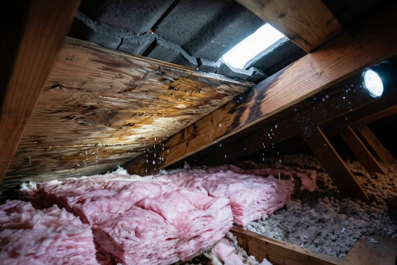 A California Water and Fire technician inspecting a rainy-season roof leak at a water-stained ceiling in a San Francisco home