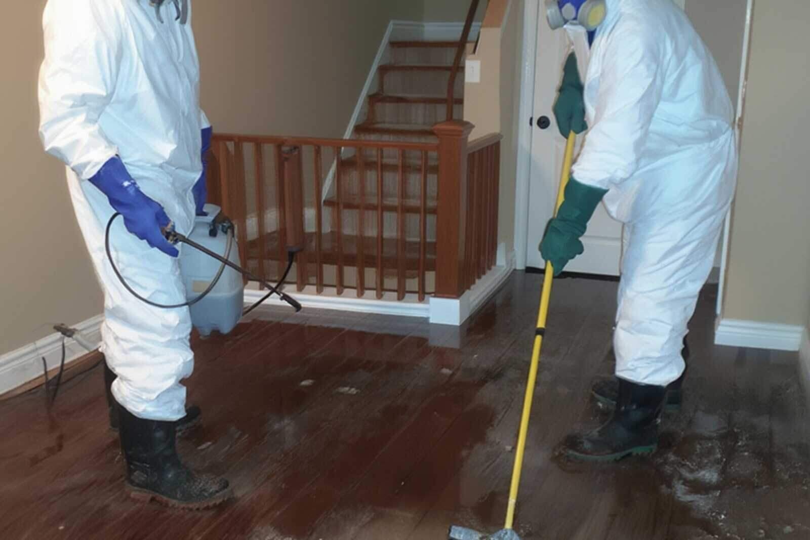 A California Water and Fire technician in full protective gear cleaning up contaminated water in a flooded San Francisco ground-floor room
