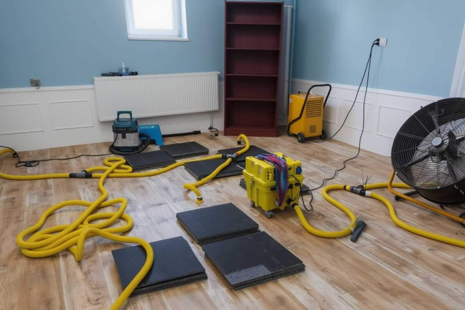 California Water and Fire air movers and a dehumidifier set up to dry a water-damaged room in a San Francisco home